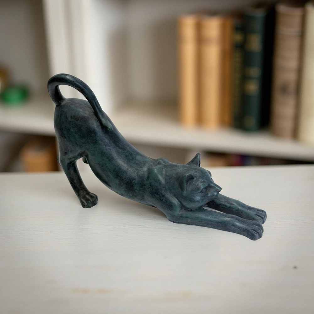 Elegant Green Cat Stretching Figurine